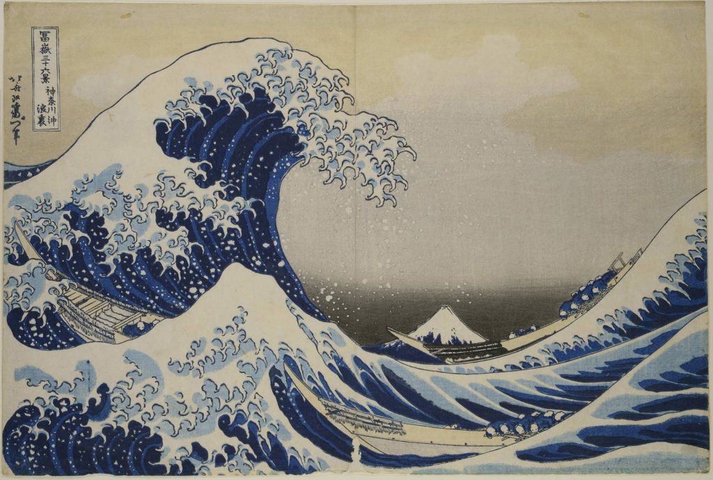 Kacušika Hokusai (1760-1849)  Velká vlna u pobřeží Kanagawy, 1831  Barevný dřevotisk, 24 x 35 cm  © Muzeum umění a řemesel v Hamburku 
